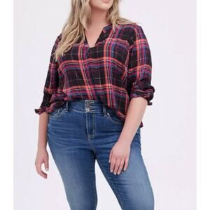 Torrid Georgette Plaid Foil Black Red Pullover Long Sleeve Blouse Top Size 2 2X